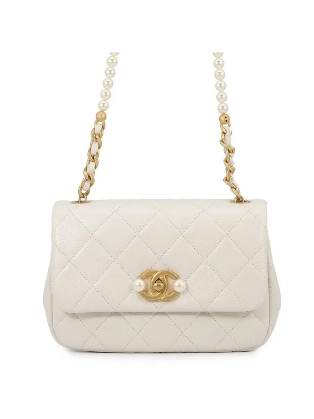 Chanel Chain Shoulder Bag Quilted CC Logo Lambskin White